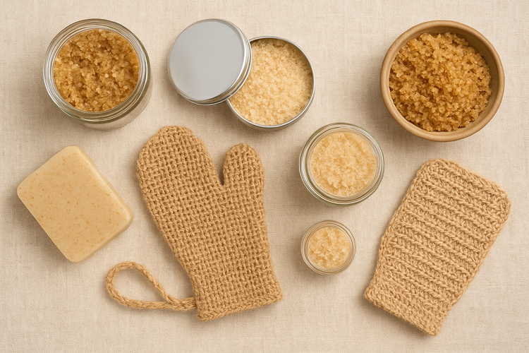 Exfoliantes naturales en tarros de cristal, metálicos o en pastilla, con texturas de azúcar. Guantes de yute en un estilo natural y artesanal