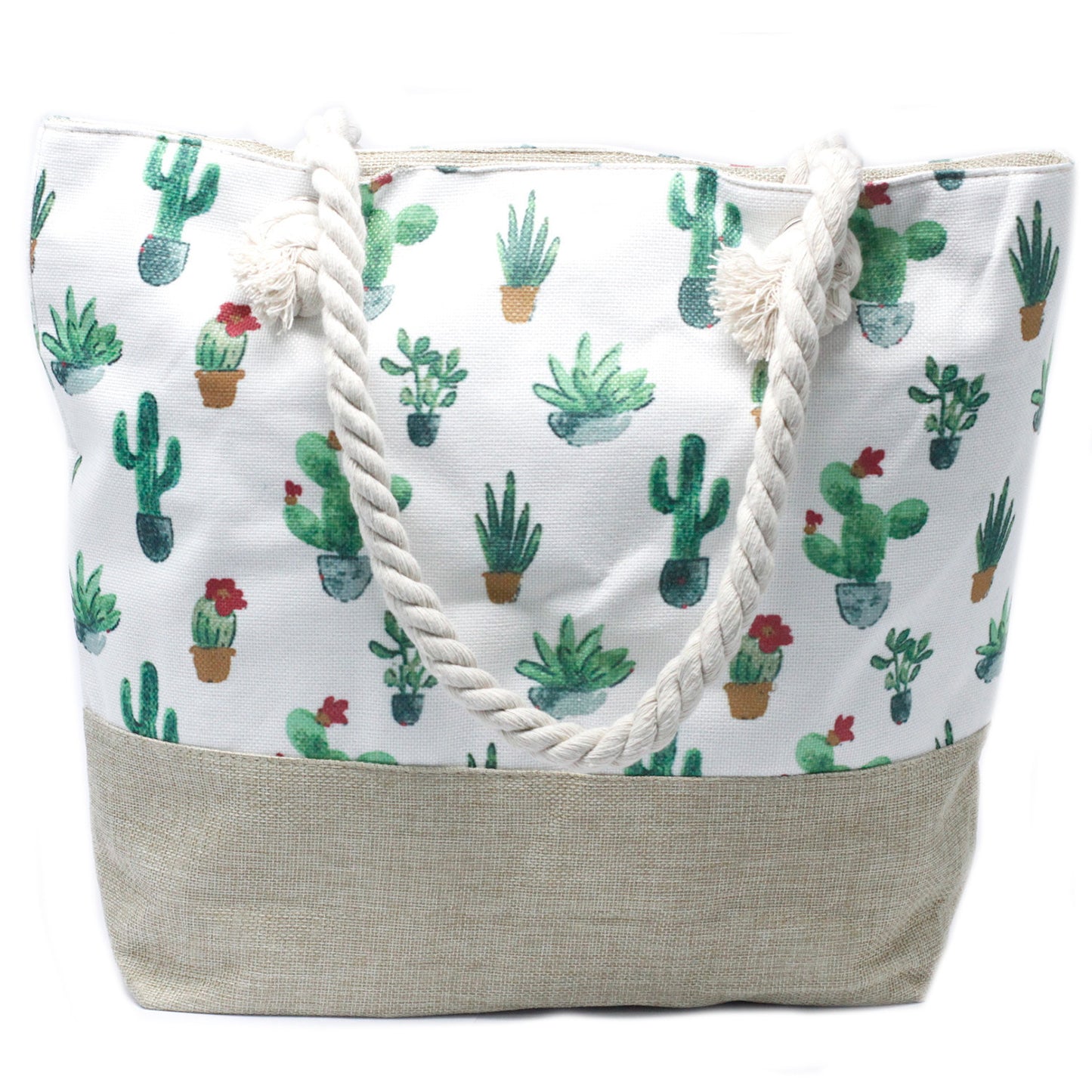 Bolso shopper con asas largas, cierre de cremallera y diseño boho elegante de cactus de varios tipos
