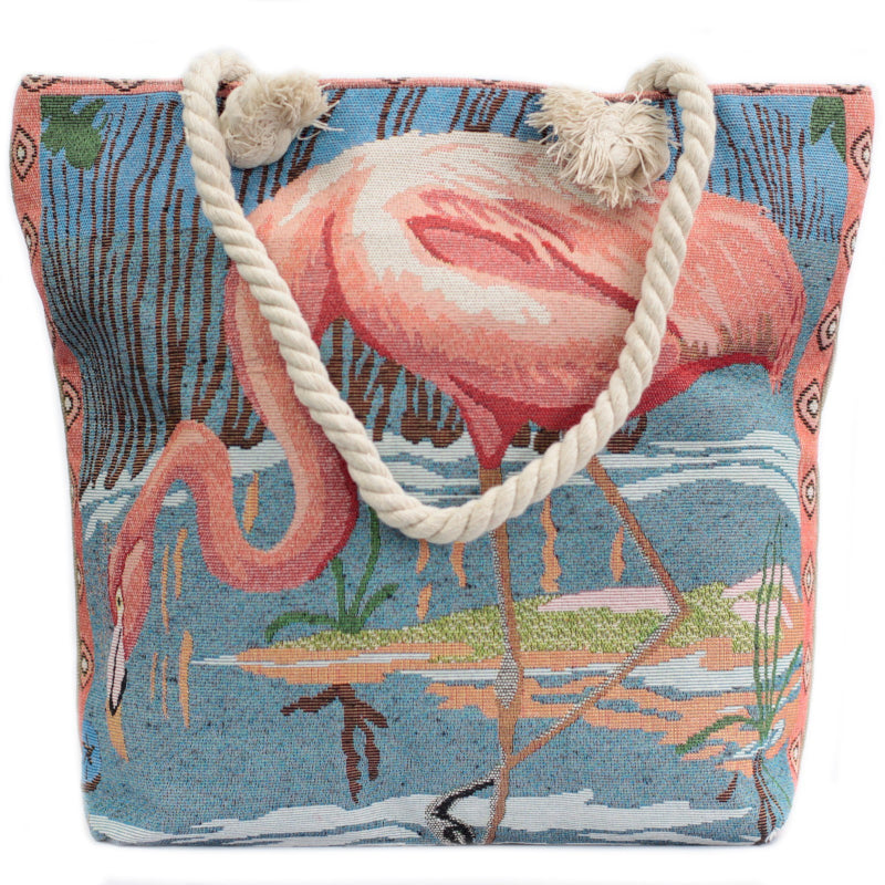 Bolso shopper con asas largas, cierre de cremallera y diseño boho elegante con un flamenco en el lago