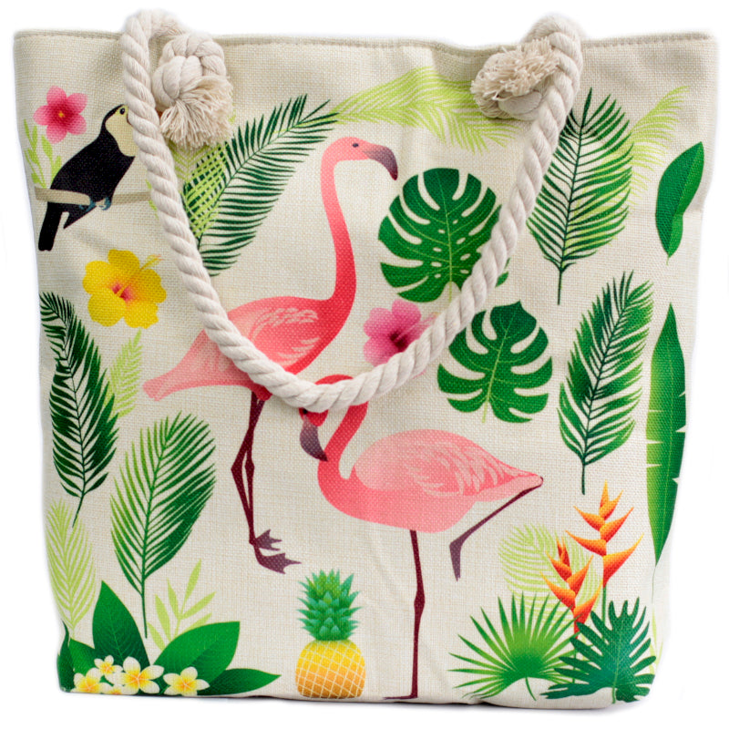 Bolso shopper con asas largas, cierre de cremallera y diseño boho elegante con flamencos y estilo tropical