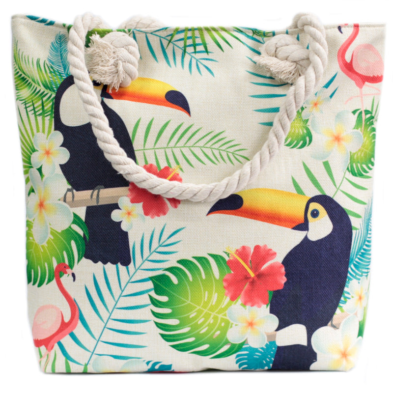 Bolso shopper con asas largas, cierre de cremallera y diseño boho elegante con dos tucanes y estilo tropical