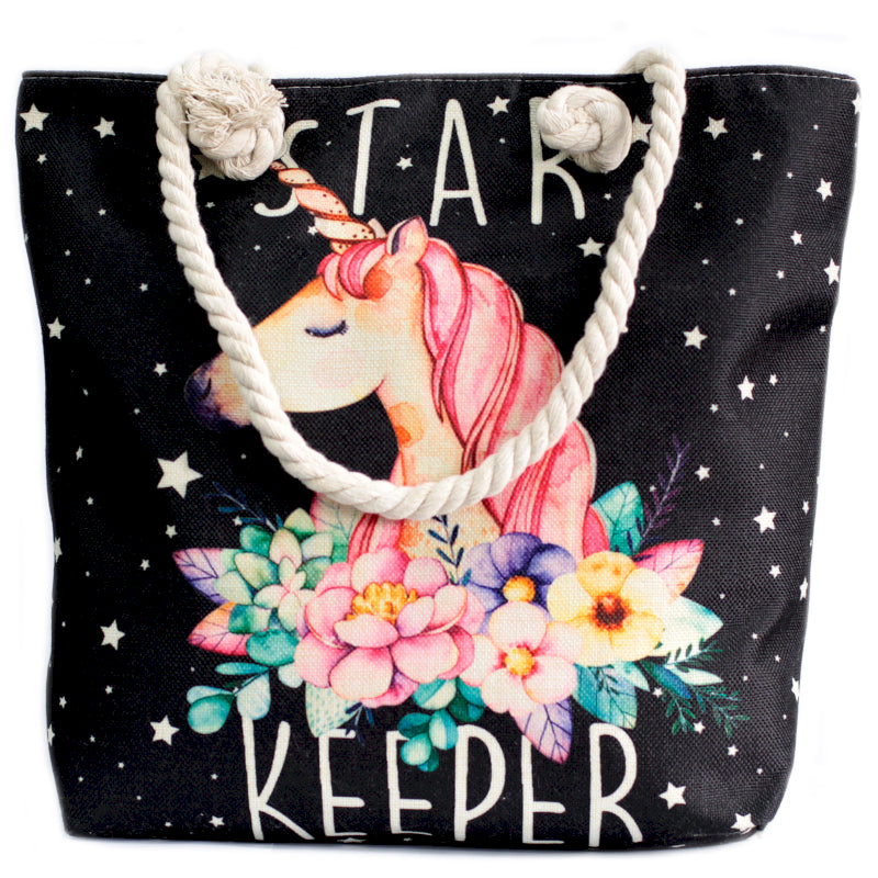 Bolso shopper con asas largas, cierre de cremallera y diseño boho elegante de un unicornio con estrellas sobre fondo negro