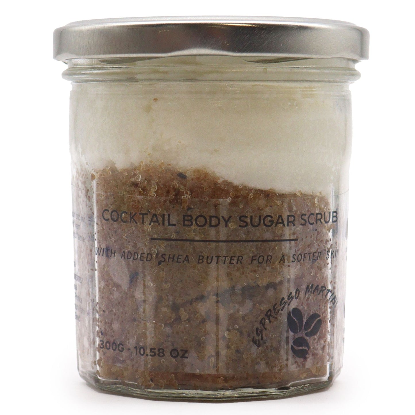 Exfoliante natural con azúcar para eliminar impurezas y revitalizar la piel, con aroma de expresso martini