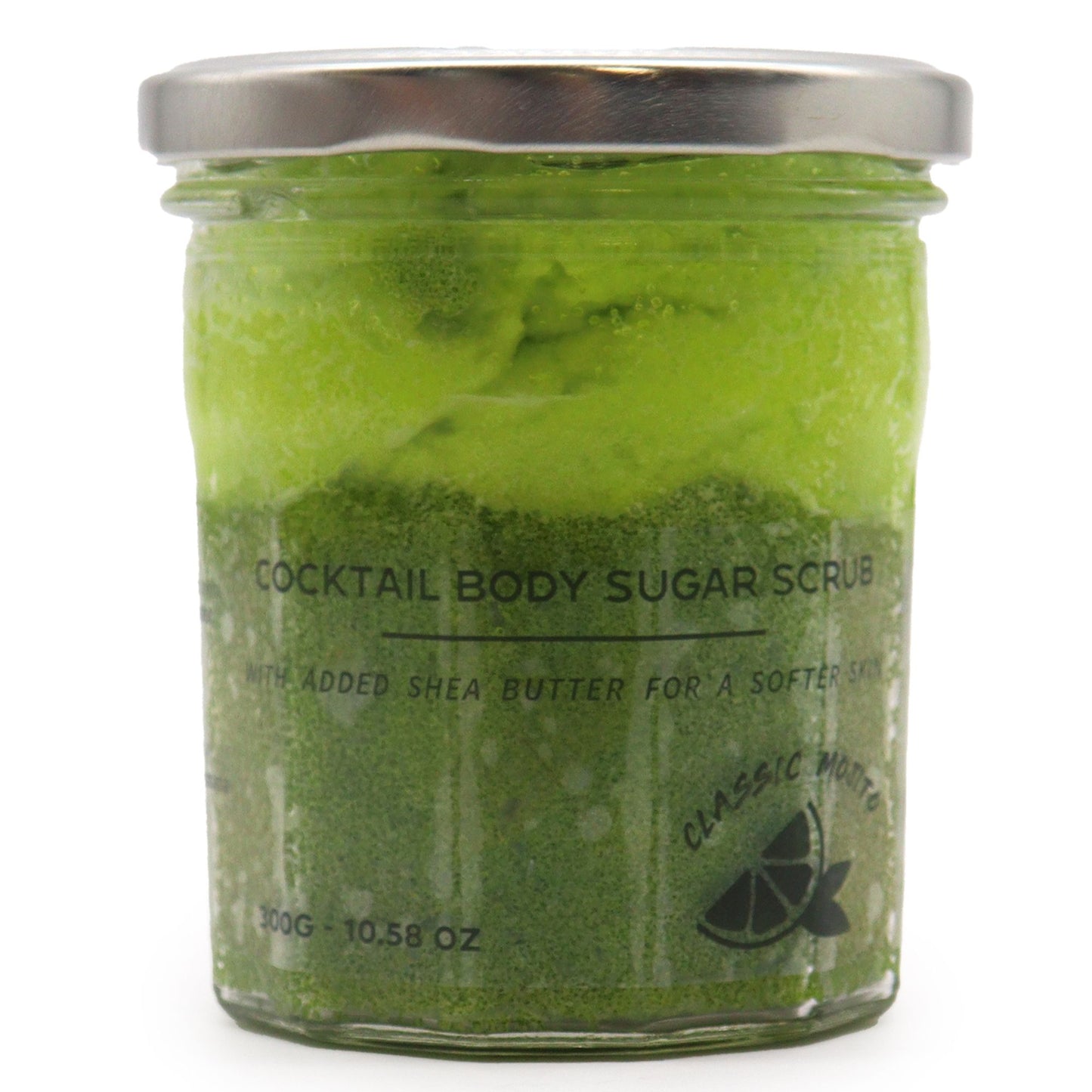Exfoliante natural con azúcar para eliminar impurezas y revitalizar la piel, con aroma de mojito clásico