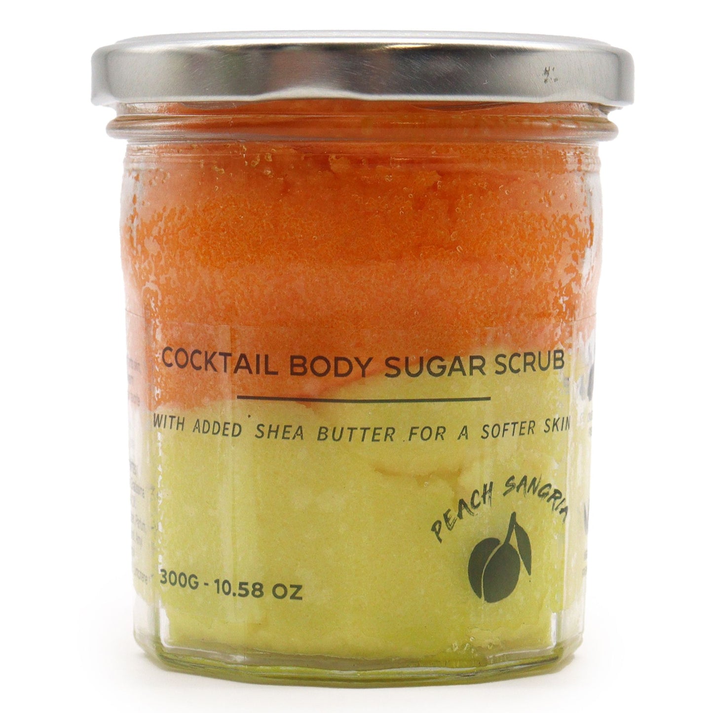 Exfoliante natural con azúcar para eliminar impurezas y revitalizar la piel, con aroma de sangría de melocotón