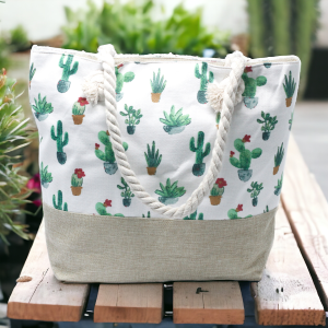 Bolso shopper con asas largas, cierre de cremallera y diseño boho elegante de cactus de varios tipos