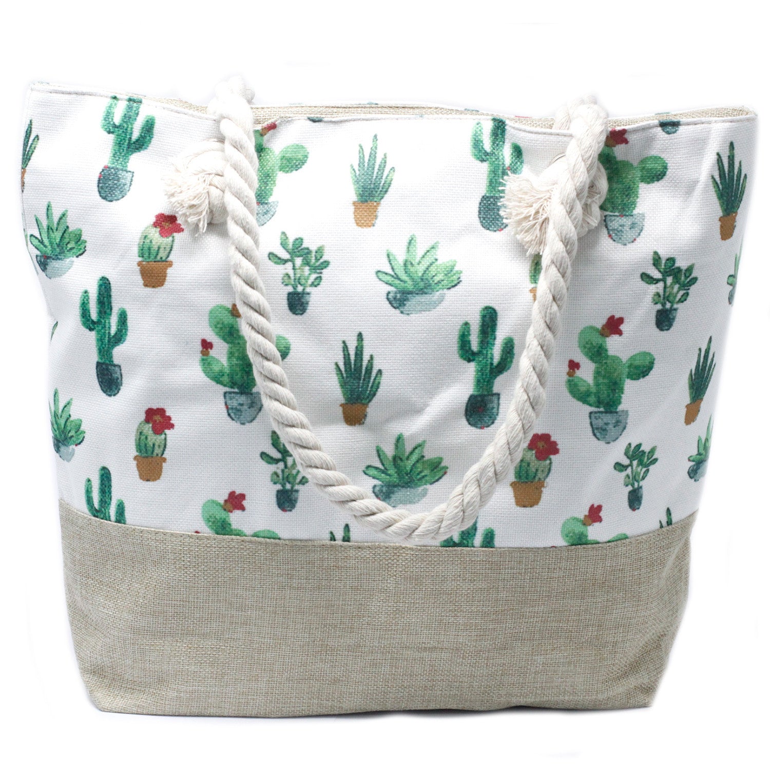 Bolso shopper con asas largas, cierre de cremallera y diseño boho elegante de cactus de varios tipos