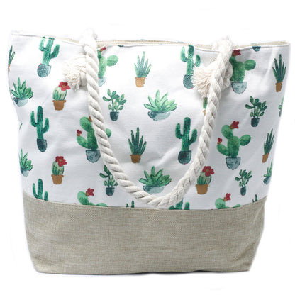 Bolso shopper con asas largas, cierre de cremallera y diseño boho elegante de cactus de varios tipos