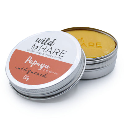 Champú sólido de papaya en lata, aroma frutal y divertido. Para cabello rizado. Vegano y ecológico.