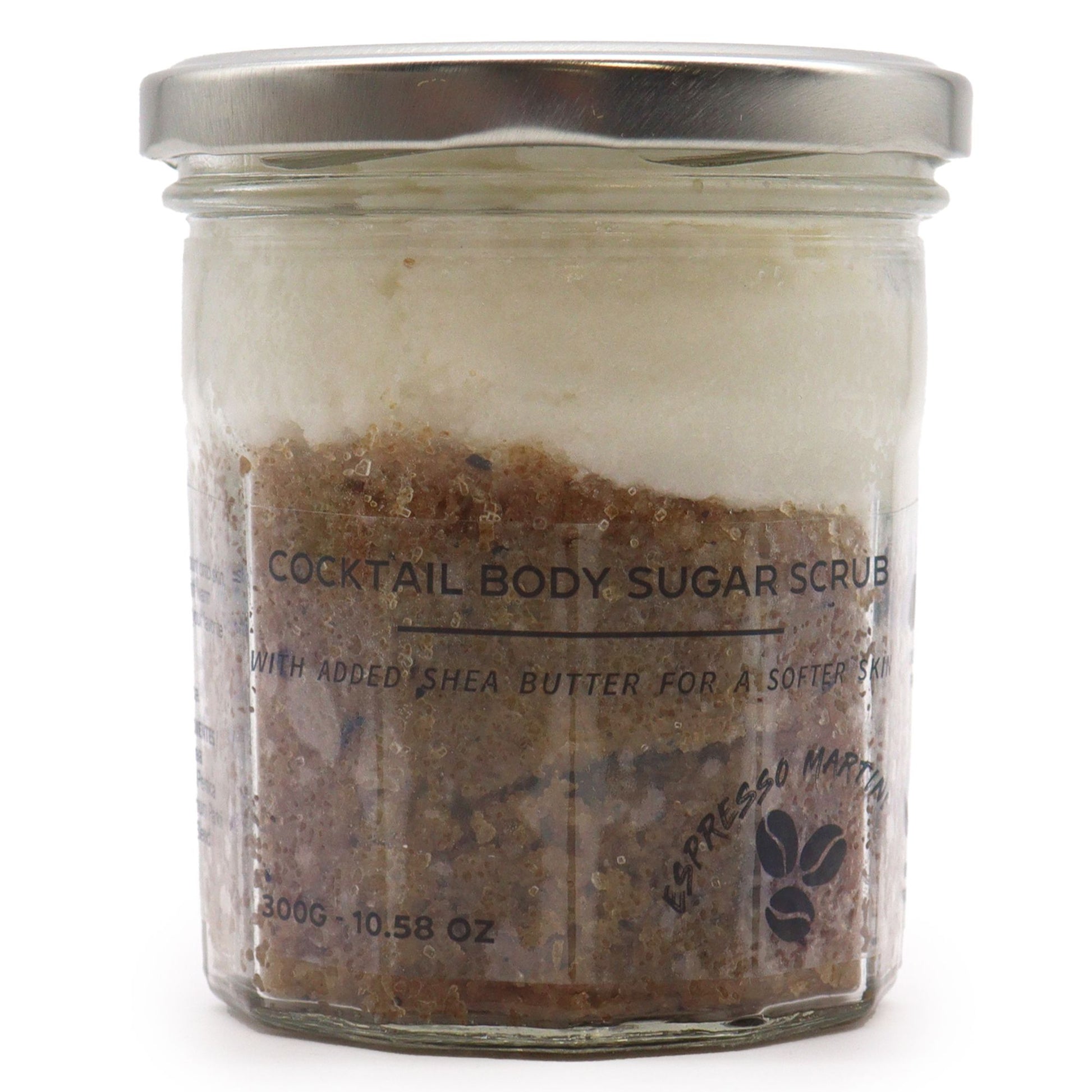 Exfoliante natural con azúcar para eliminar impurezas y revitalizar la piel, con aroma de expresso martini