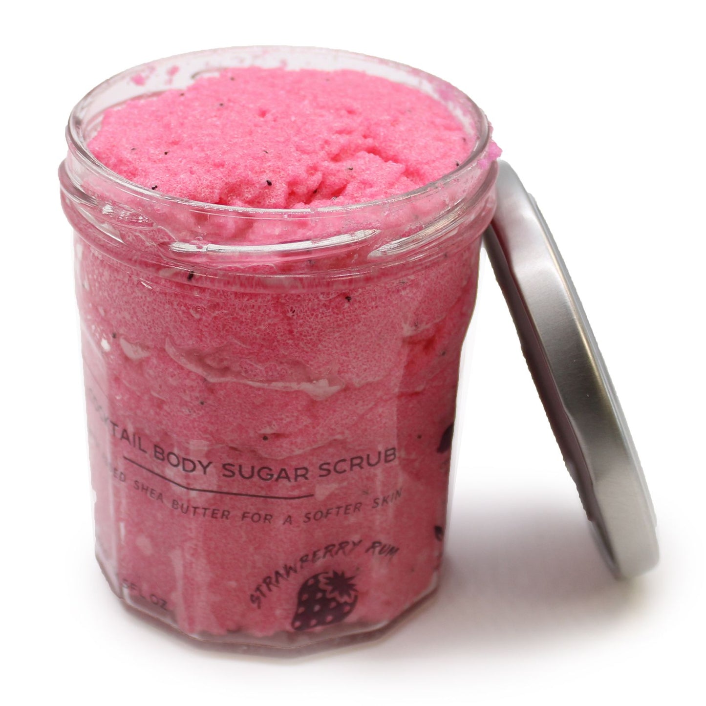 Exfoliante natural con azúcar para eliminar impurezas y revitalizar la piel, con aroma a ron de fresa
