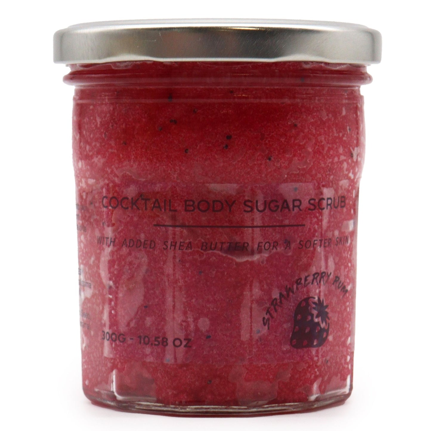 Exfoliante natural con azúcar para eliminar impurezas y revitalizar la piel, con aroma a ron de fresa