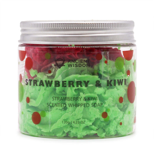 Jabón artesanal de crema batida con fresa y kiwi de Ancient Wisdom, vegano y natural, que limpia suavemente e hidrata la piel.